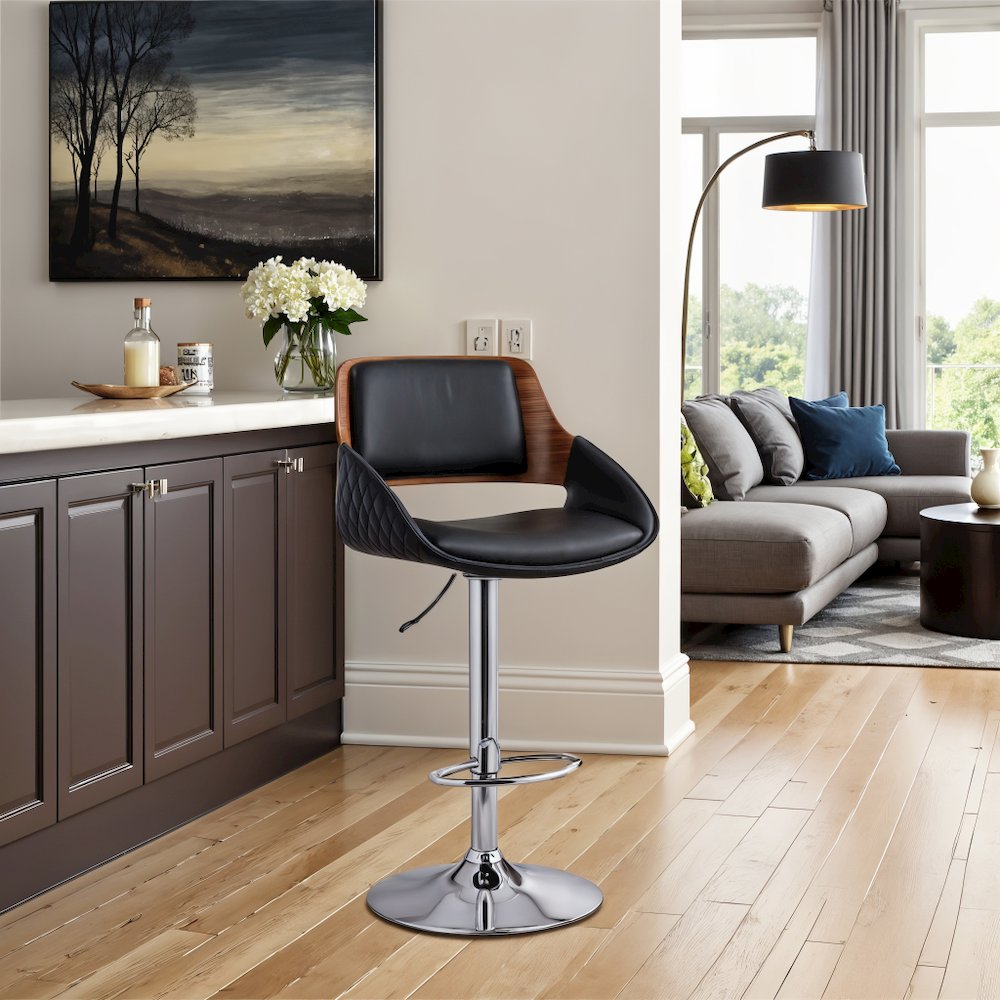 Adjustable Swivel Bar Stool with Black Faux Leather and Chrome Base. Picture 5