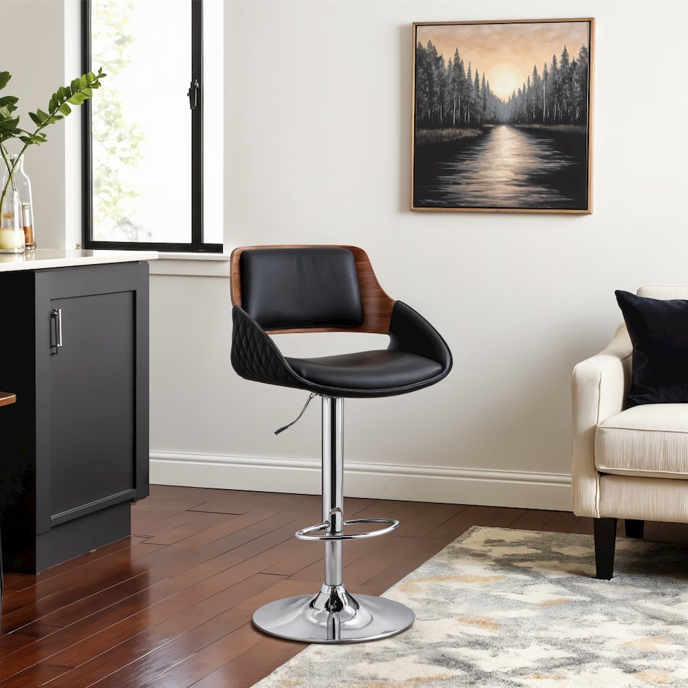 Adjustable Swivel Bar Stool with Black Faux Leather and Chrome Base. Picture 6