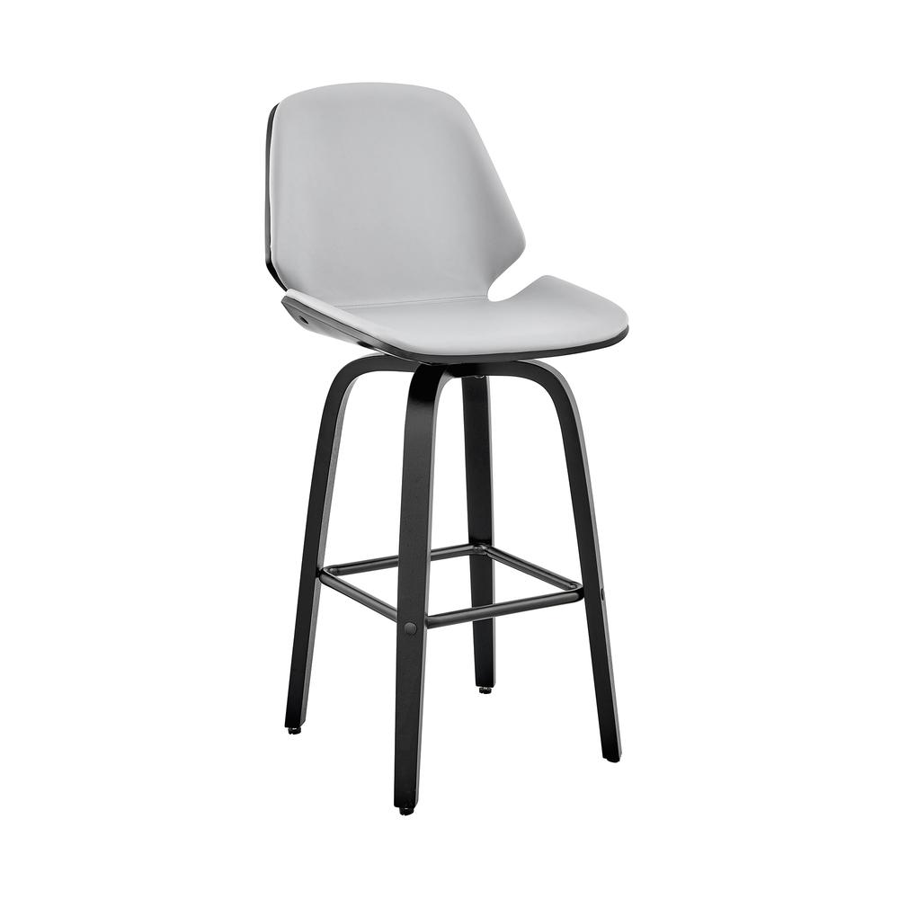 Arabela 26" Gray Faux Leather and Black Wood Swivel Bar Stool. Picture 1