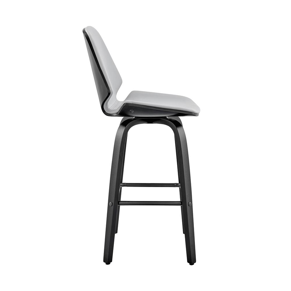 Arabela 26" Gray Faux Leather and Black Wood Swivel Bar Stool. Picture 3