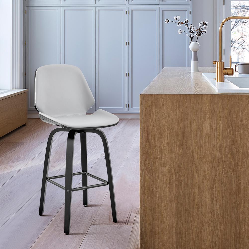Arabela 26" Gray Faux Leather and Black Wood Swivel Bar Stool. Picture 6