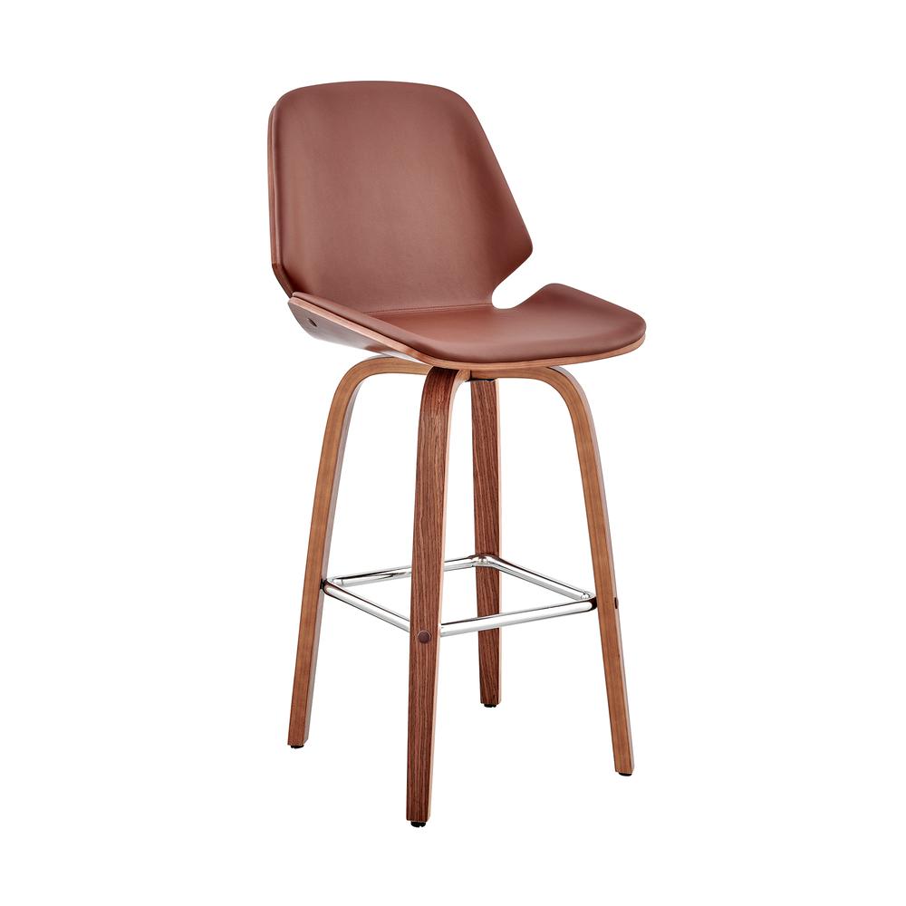 Arabela 26" Brown Faux Leather and Walnut Wood Swivel Bar Stool. Picture 1