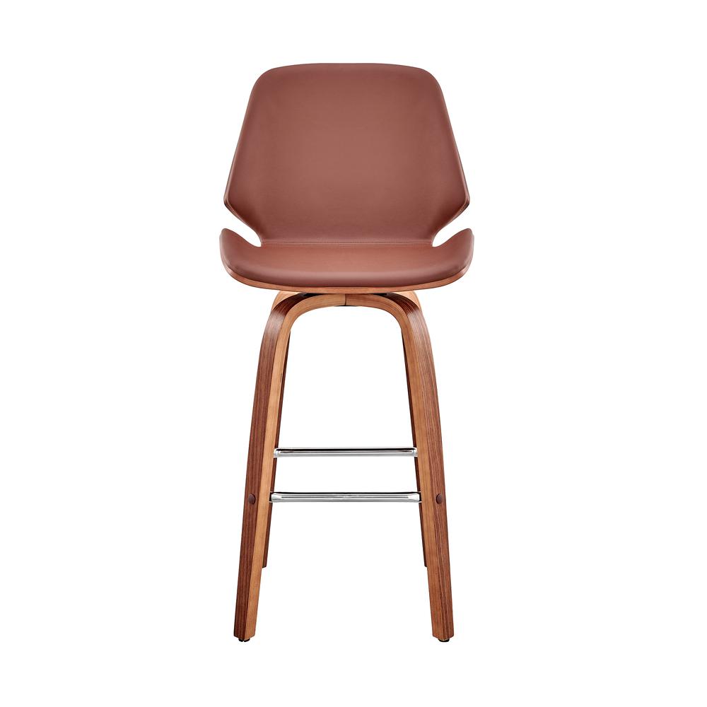 Arabela 26" Brown Faux Leather and Walnut Wood Swivel Bar Stool. Picture 2