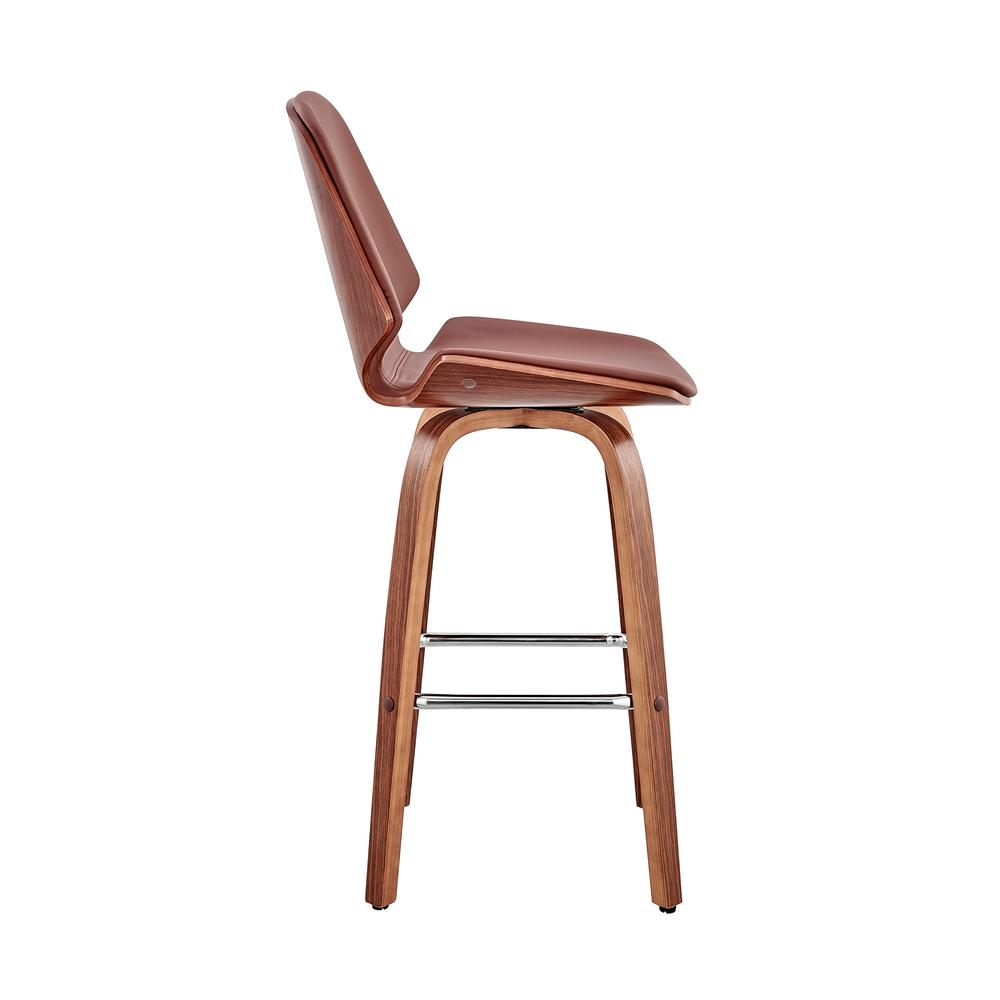 Arabela 26" Brown Faux Leather and Walnut Wood Swivel Bar Stool. Picture 3