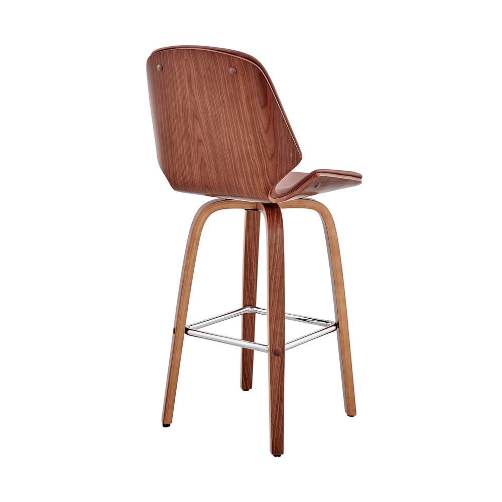 Arabela 26" Brown Faux Leather and Walnut Wood Swivel Bar Stool. Picture 4