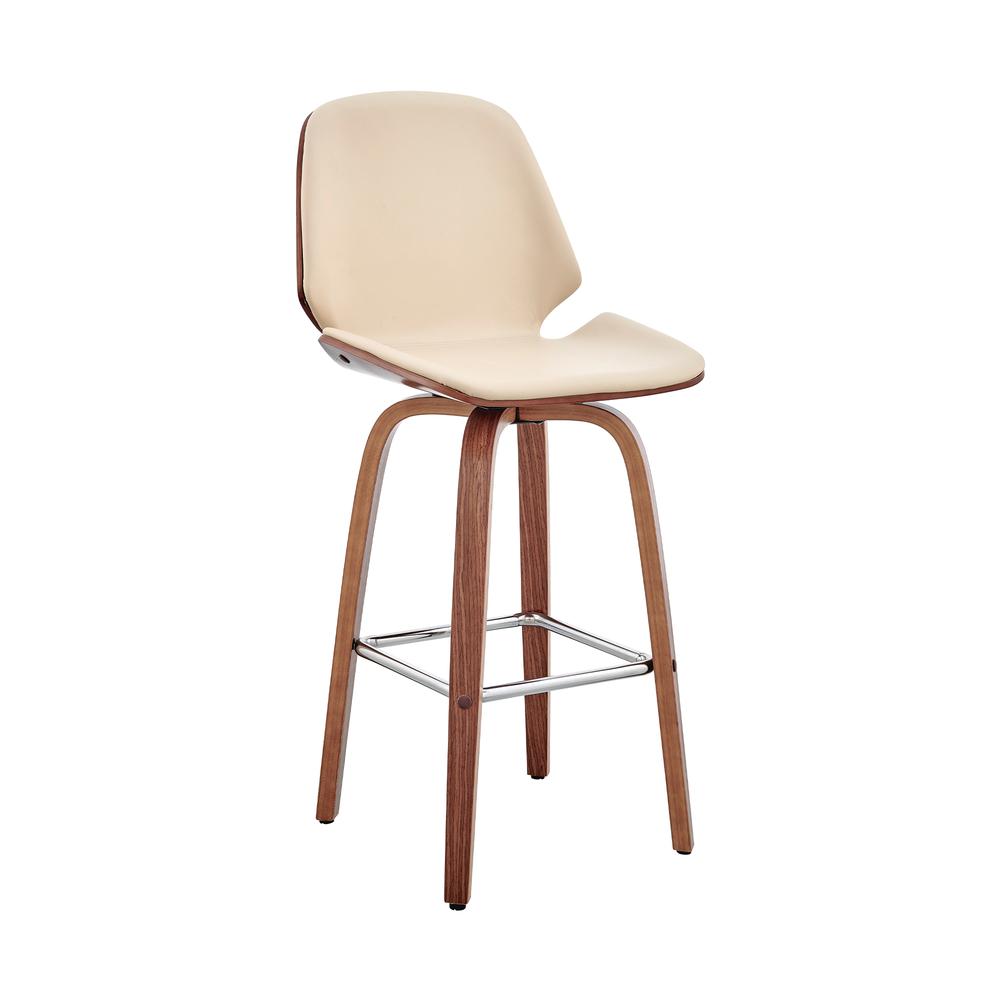 Arabela 26" Cream Faux Leather and Walnut Wood Swivel Bar Stool. Picture 1