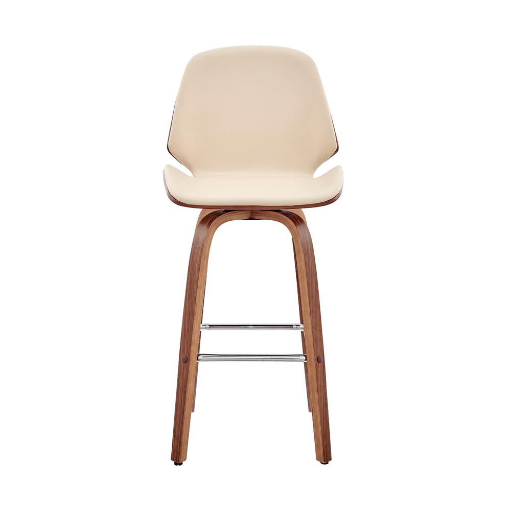 Arabela 26" Cream Faux Leather and Walnut Wood Swivel Bar Stool. Picture 2