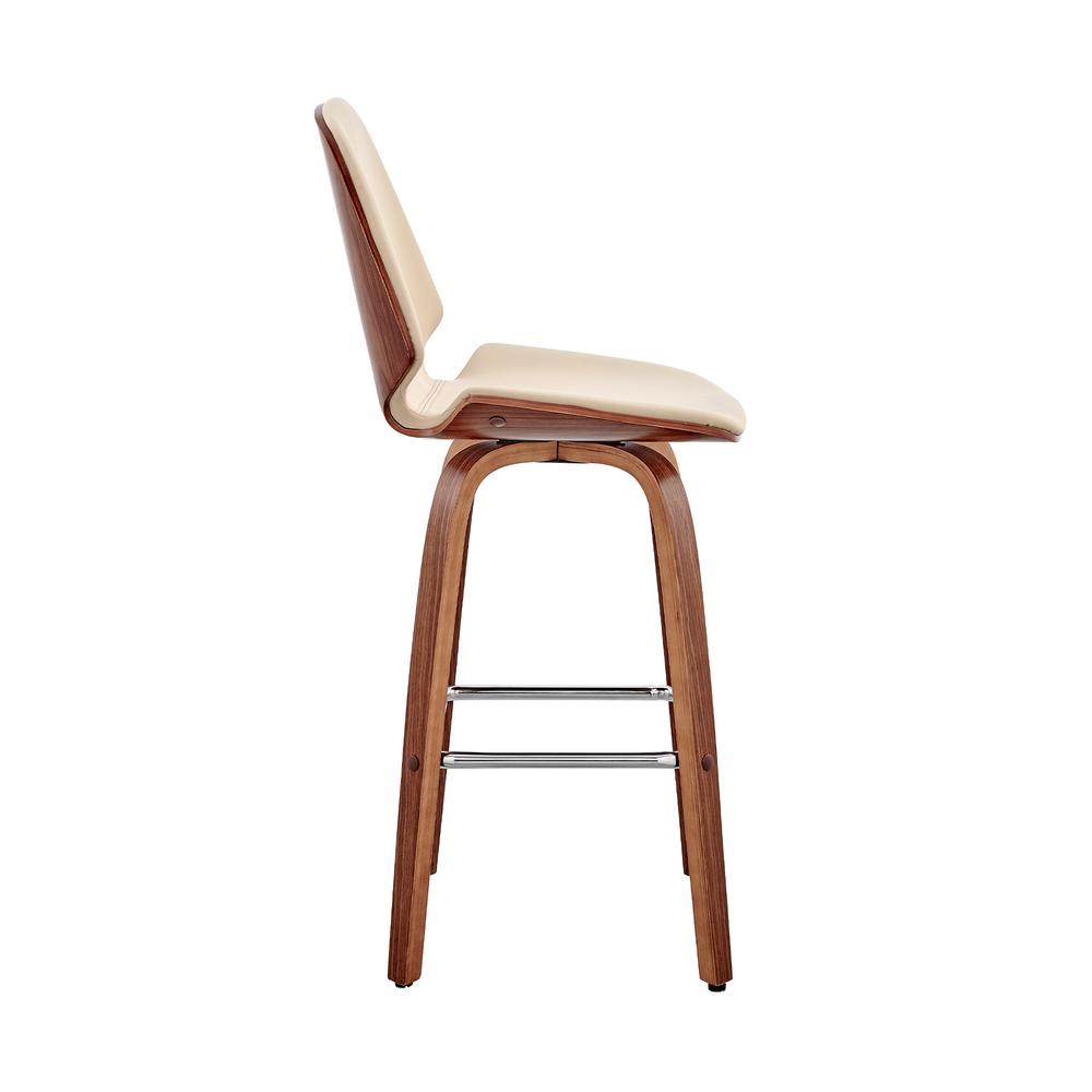 Arabela 26" Cream Faux Leather and Walnut Wood Swivel Bar Stool. Picture 3