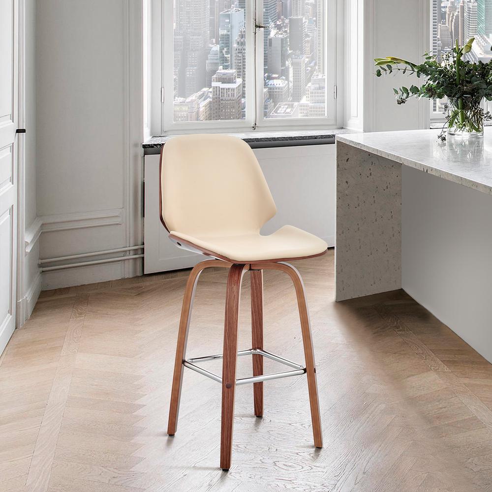Arabela 26" Cream Faux Leather and Walnut Wood Swivel Bar Stool. Picture 6