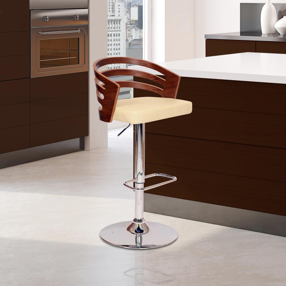 Armen Living Adele Swivel Barstool In Cream PU/ Walnut Veneer and Chrome Base. Picture 4