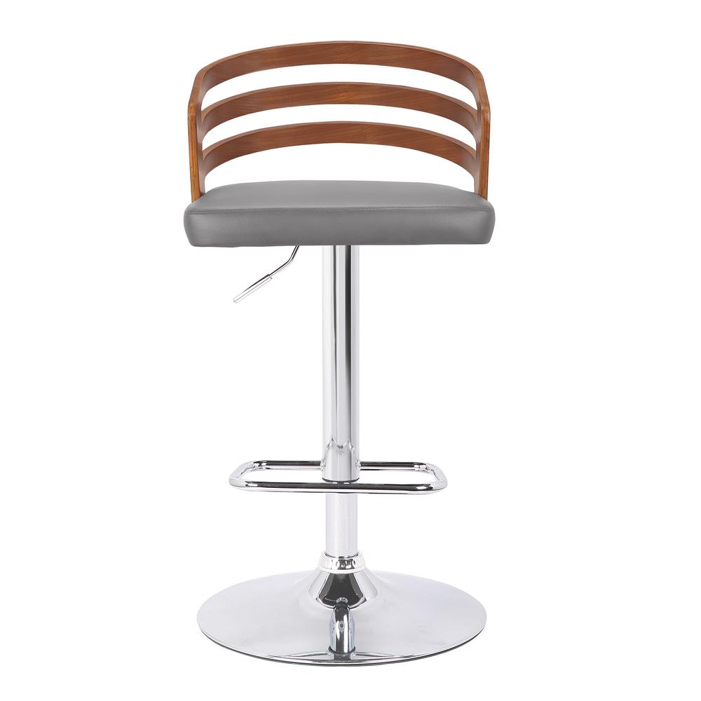 Armen Living Adele Mid-Century Adjustable Swivel Barstool in Chrome with Grey Faux Leather and Walnut Veneer. Picture 2