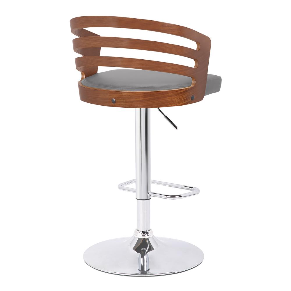 Armen Living Adele Mid-Century Adjustable Swivel Barstool in Chrome with Grey Faux Leather and Walnut Veneer. Picture 3