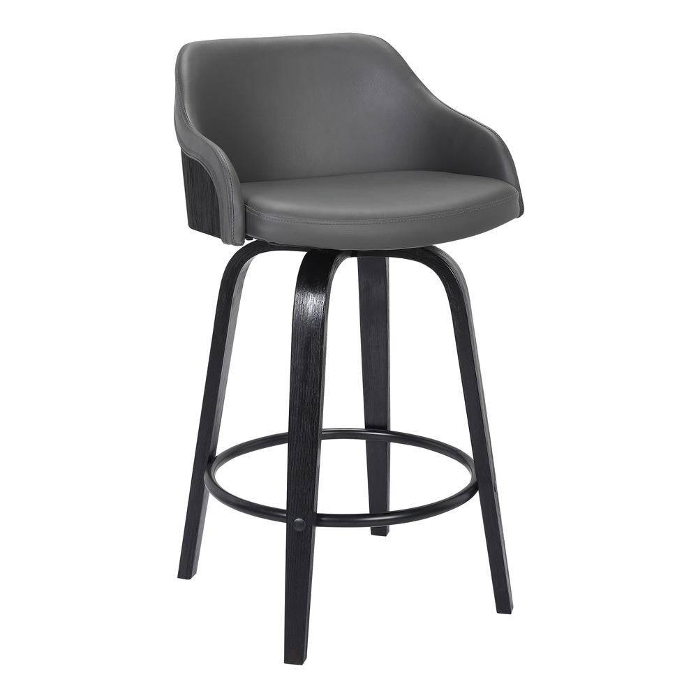 Alec Contemporary 30" Bar Height Swivel Barstool in Black Brush Wood Finish and Grey Faux Leather. Picture 1
