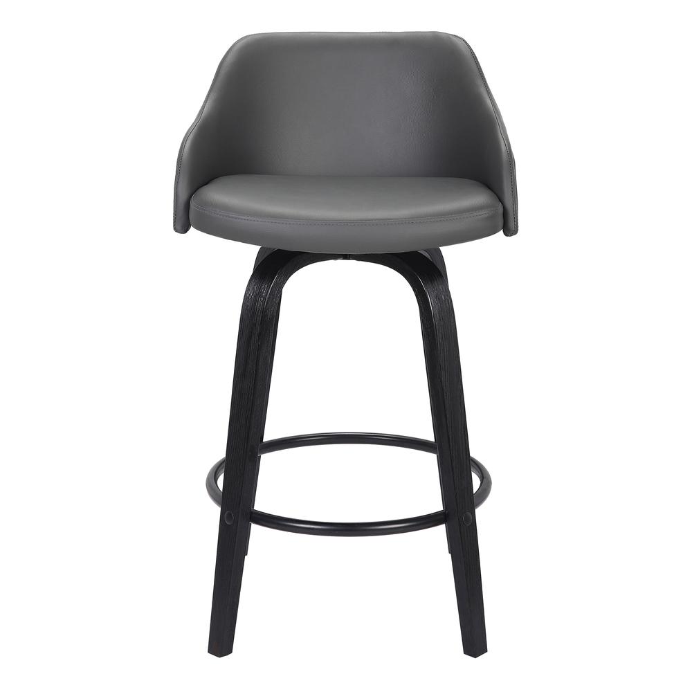 Alec Contemporary 30" Bar Height Swivel Barstool in Black Brush Wood Finish and Grey Faux Leather. Picture 2