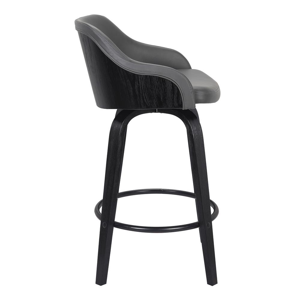 Alec Contemporary 30" Bar Height Swivel Barstool in Black Brush Wood Finish and Grey Faux Leather. Picture 3