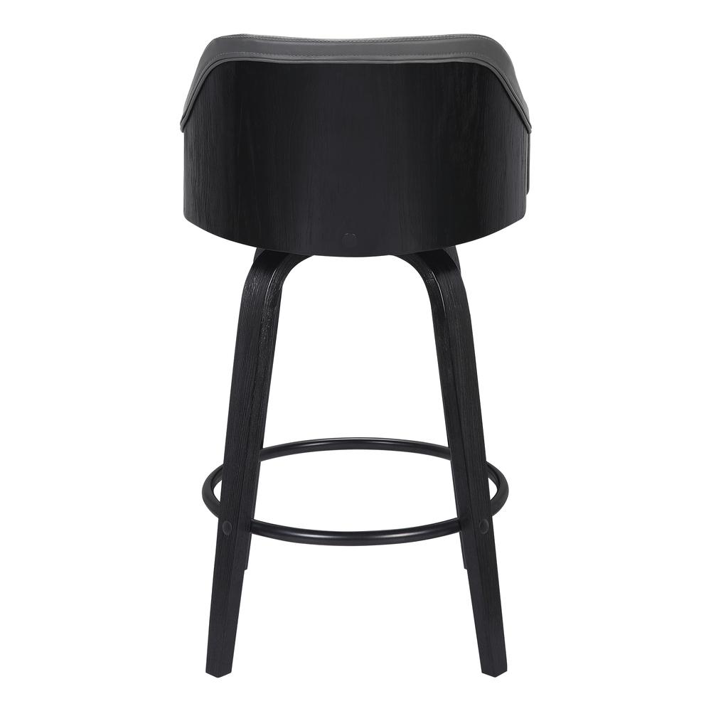 Alec Contemporary 30" Bar Height Swivel Barstool in Black Brush Wood Finish and Grey Faux Leather. Picture 4