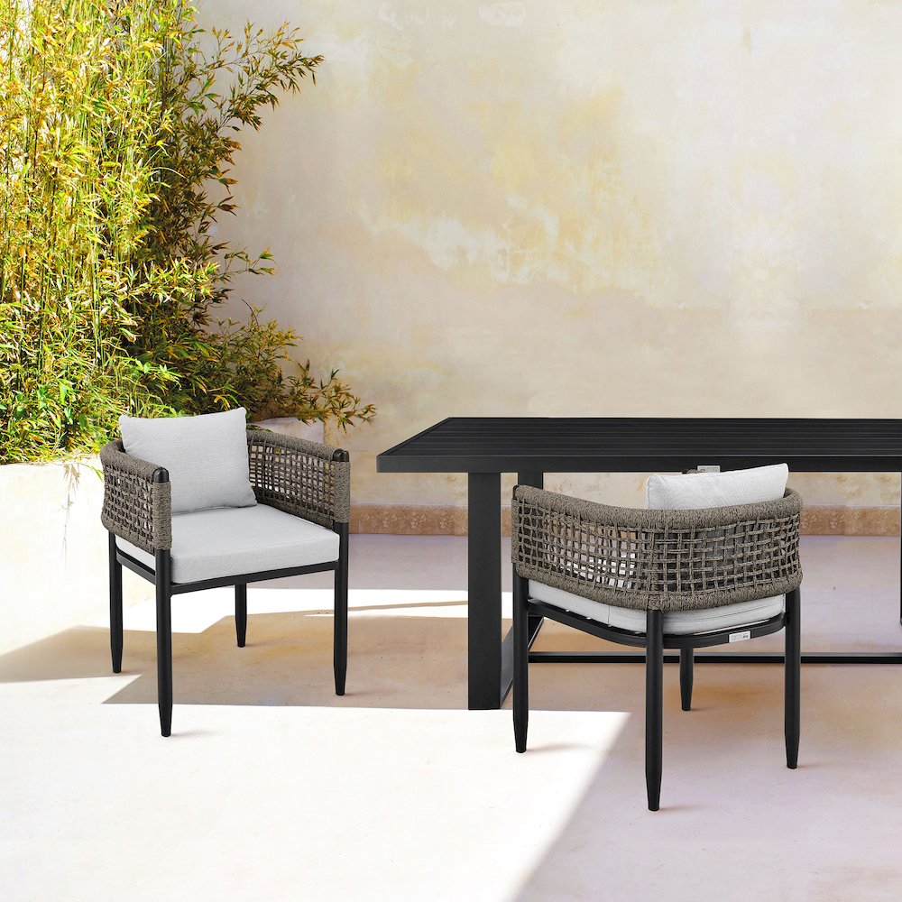 Outdoor Patio Dining Chair in Aluminum with Gray Rope and Cushions - Set of 2. Picture 9