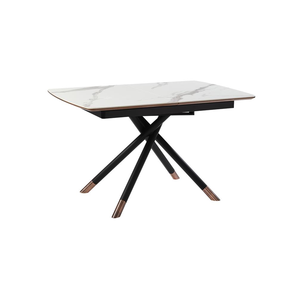 Extendable Dining Table with Light Gray Ceramic and Wood Top and Metal Legs. Picture 3