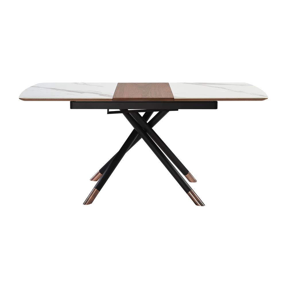 Extendable Dining Table with Light Gray Ceramic and Wood Top and Metal Legs. Picture 4