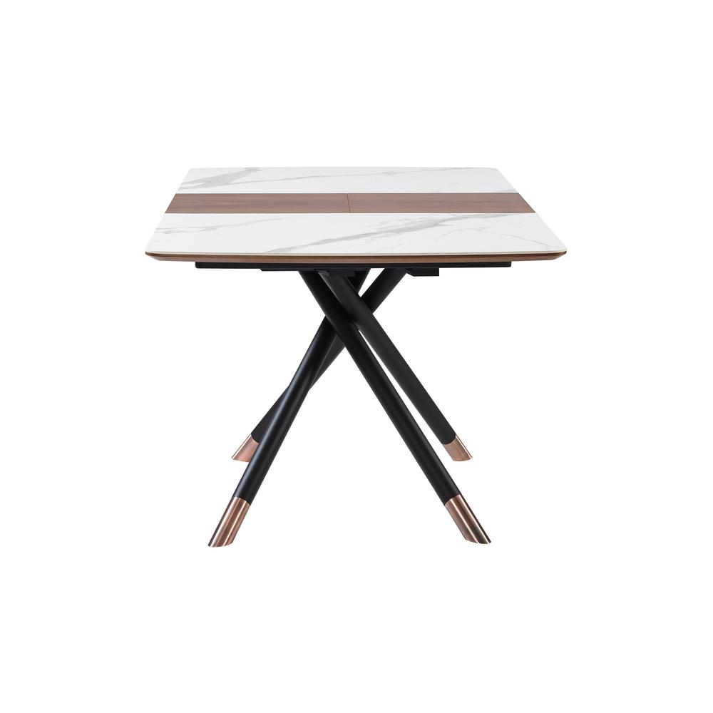 Extendable Dining Table with Light Gray Ceramic and Wood Top and Metal Legs. Picture 5