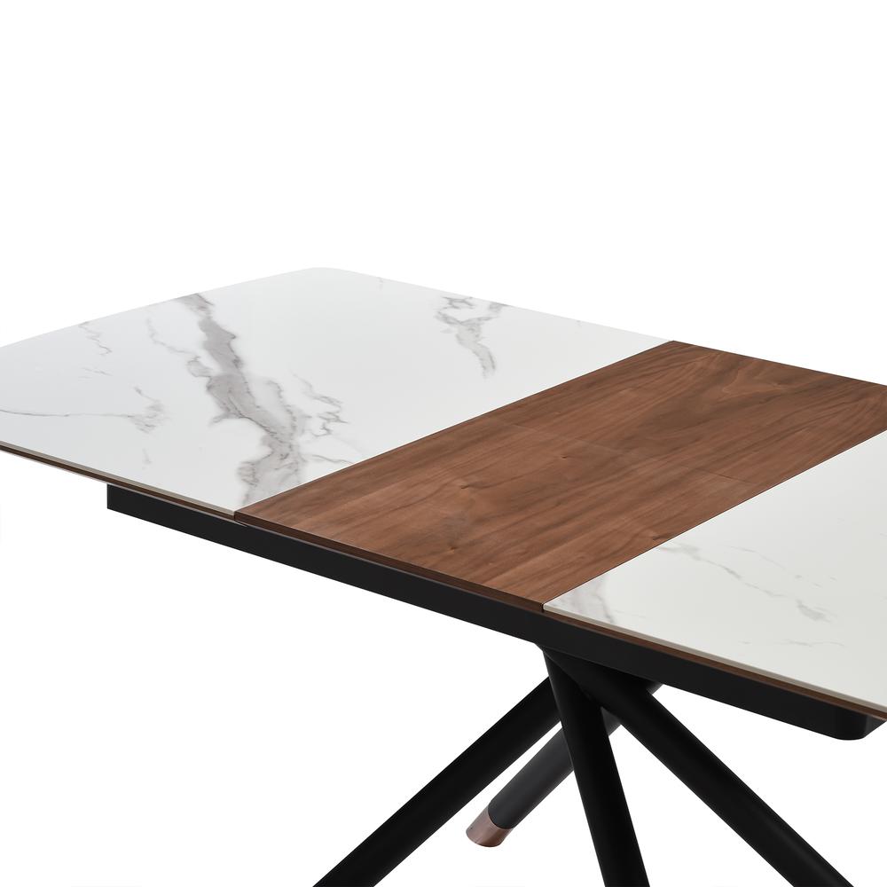 Extendable Dining Table with Light Gray Ceramic and Wood Top and Metal Legs. Picture 7