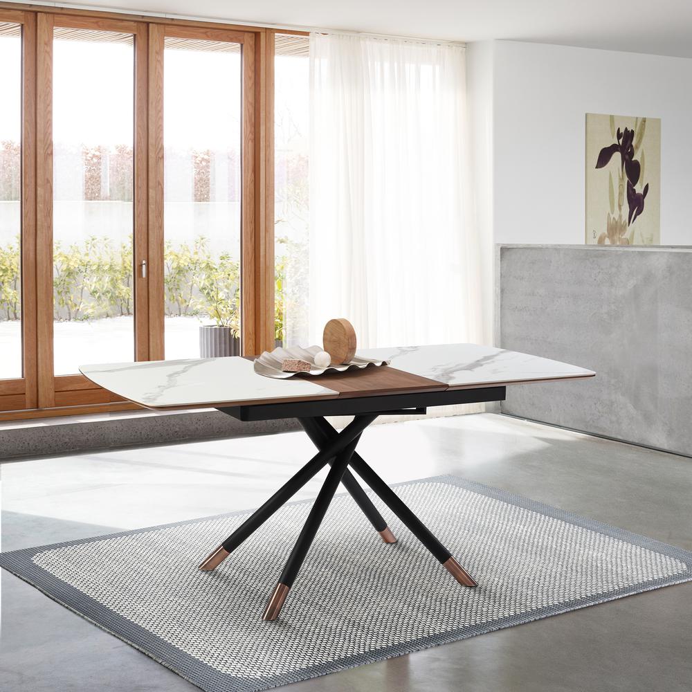 Extendable Dining Table with Light Gray Ceramic and Wood Top and Metal Legs. Picture 10