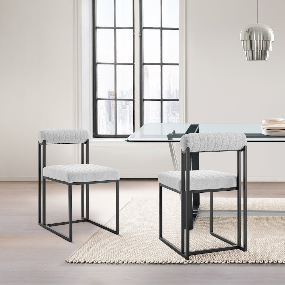 Anastasia Dining Chair with Matte Black Iron and Light Gray Fabric - Set of 2. Picture 11