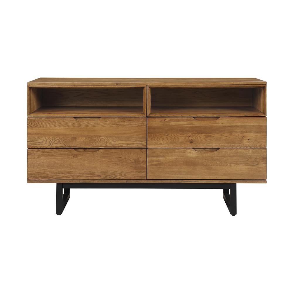 Aldo 4 Drawer Dresser in Brown Oak Wood with Black Metal Legs. Picture 1