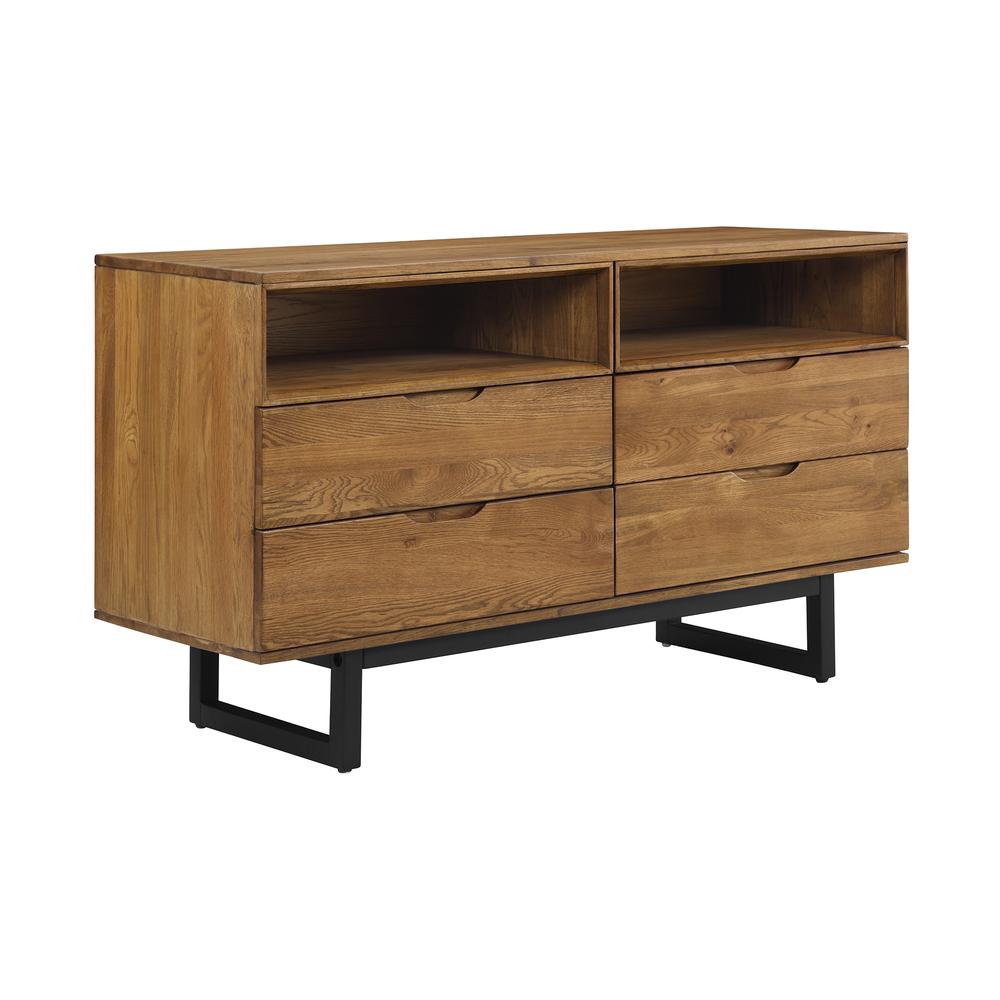 Aldo 4 Drawer Dresser in Brown Oak Wood with Black Metal Legs. Picture 2