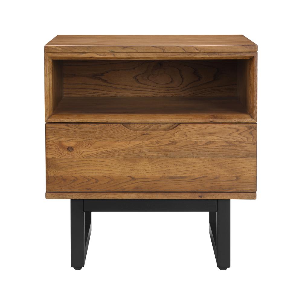 Aldo 1 Drawer Nightstand in Brown Oak Wood with Black Metal Legs. Picture 1