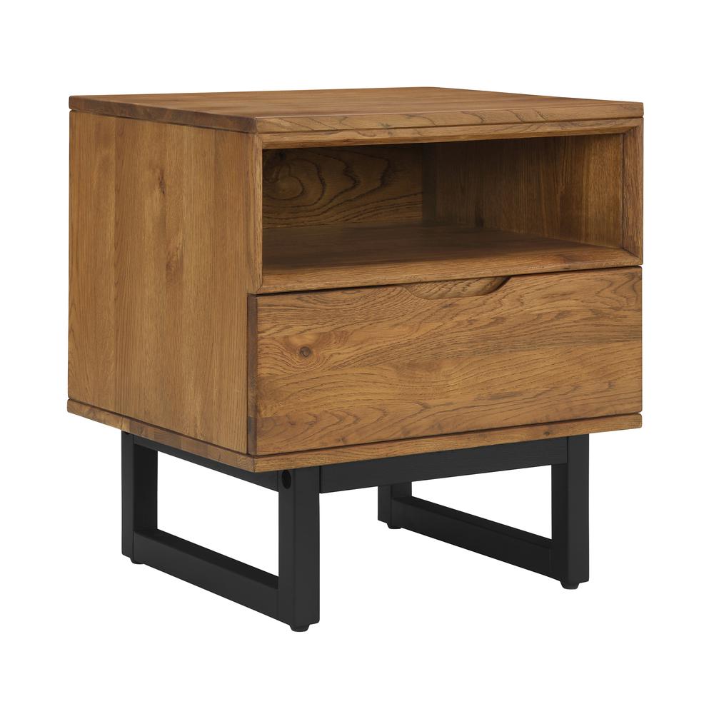 Aldo 1 Drawer Nightstand in Brown Oak Wood with Black Metal Legs. Picture 2