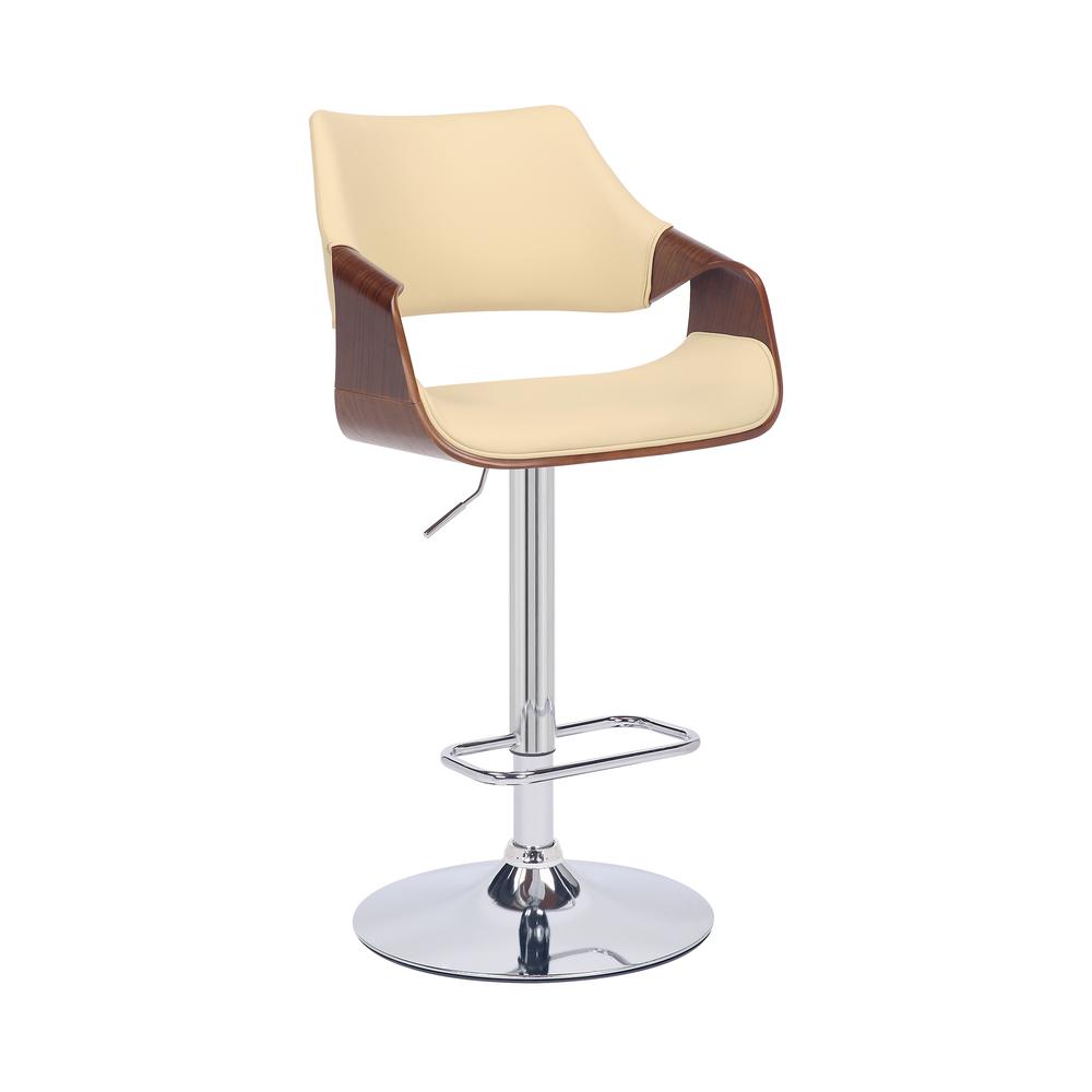 Aspen Adjustable Swivel Cream Faux Leather and Walnut Wood Bar Stool with Chrome Base. Picture 1