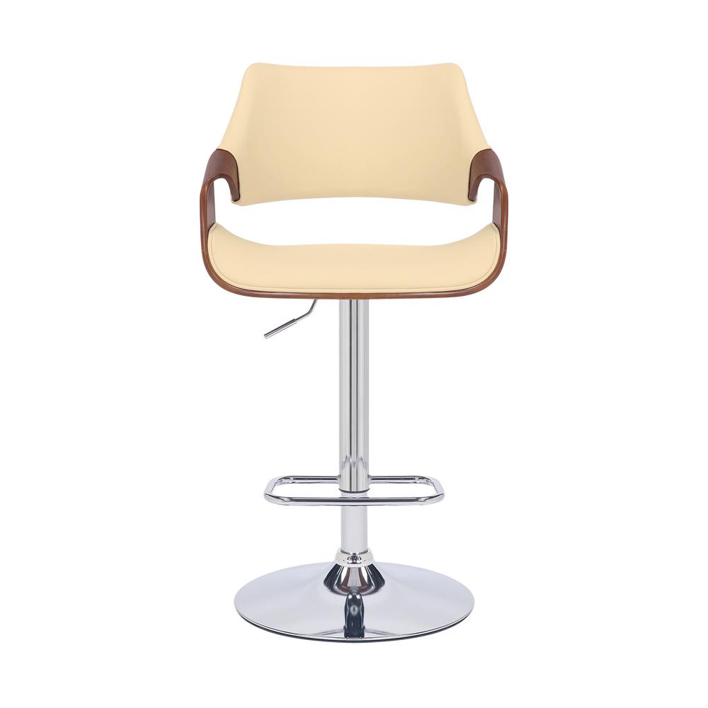 Aspen Adjustable Swivel Cream Faux Leather and Walnut Wood Bar Stool with Chrome Base. Picture 2