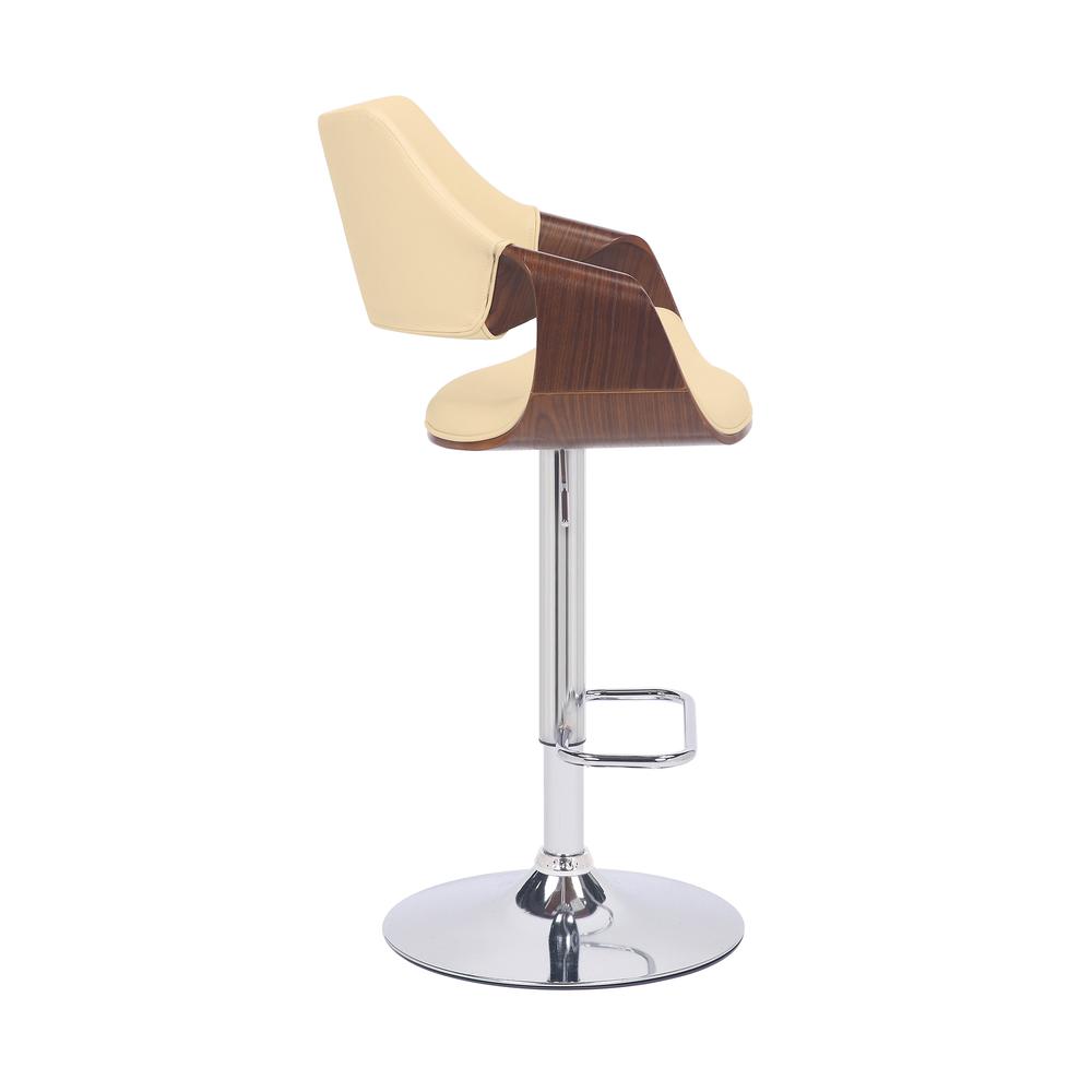 Aspen Adjustable Swivel Cream Faux Leather and Walnut Wood Bar Stool with Chrome Base. Picture 3