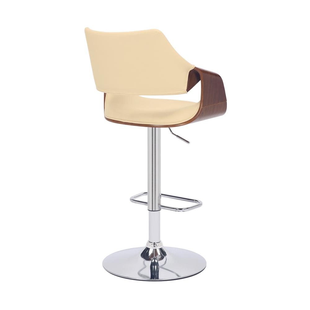 Aspen Adjustable Swivel Cream Faux Leather and Walnut Wood Bar Stool with Chrome Base. Picture 4