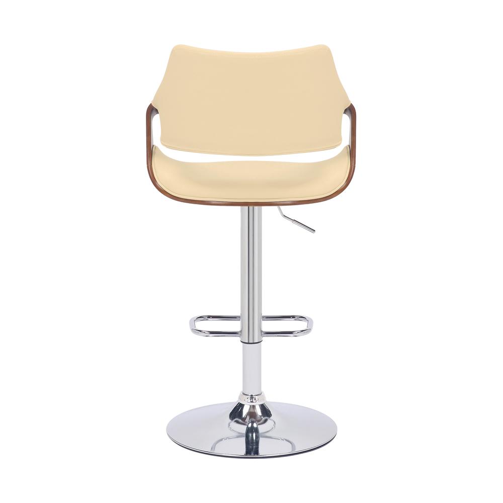 Aspen Adjustable Swivel Cream Faux Leather and Walnut Wood Bar Stool with Chrome Base. Picture 5