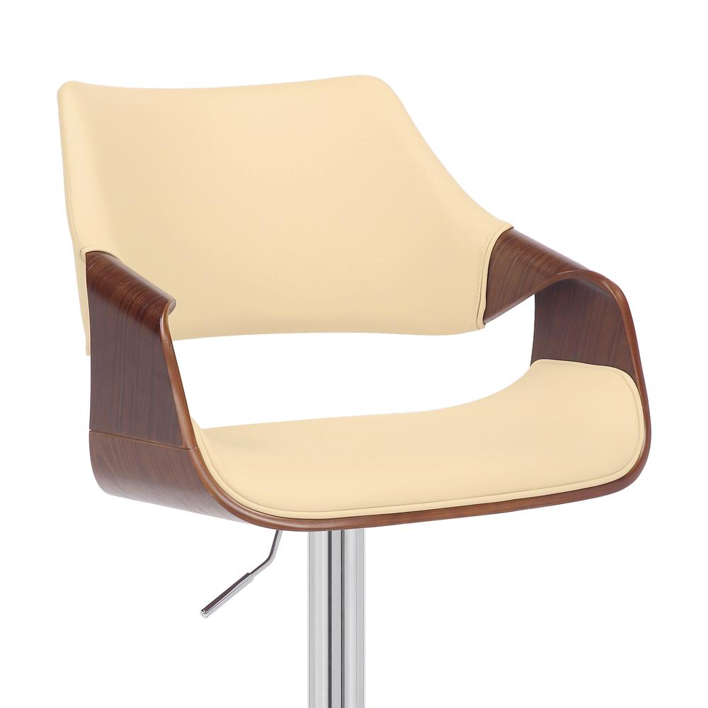 Aspen Adjustable Swivel Cream Faux Leather and Walnut Wood Bar Stool with Chrome Base. Picture 6