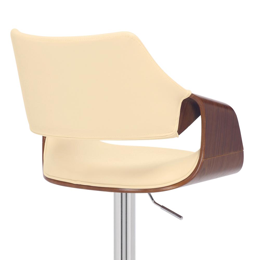 Aspen Adjustable Swivel Cream Faux Leather and Walnut Wood Bar Stool with Chrome Base. Picture 7