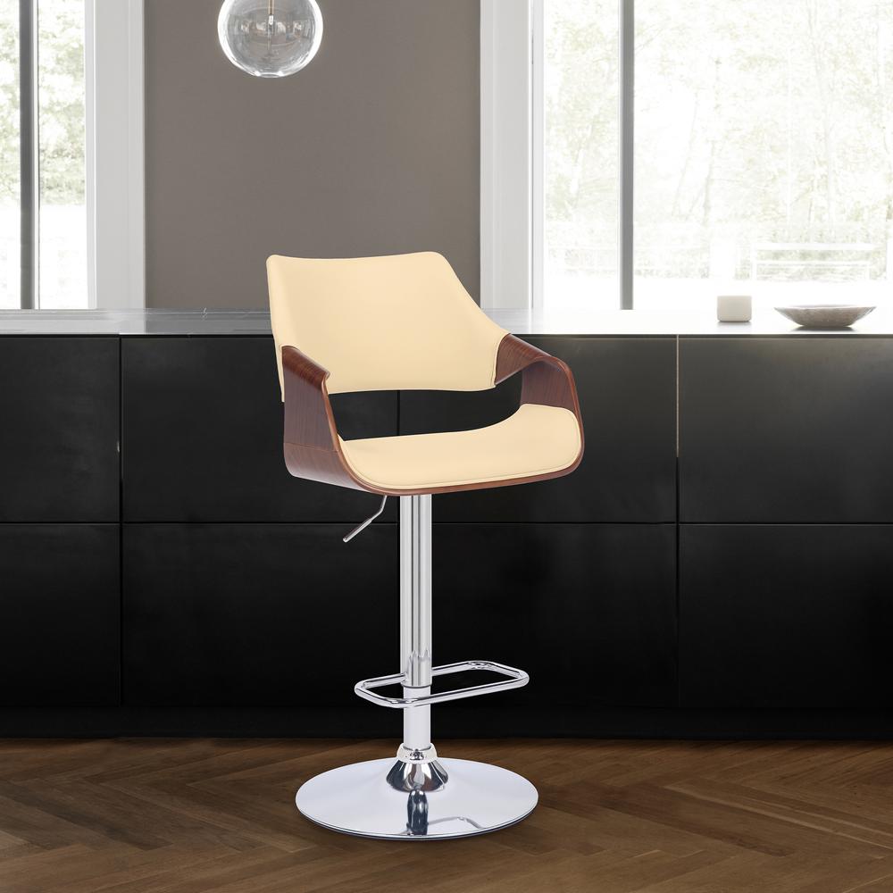 Aspen Adjustable Swivel Cream Faux Leather and Walnut Wood Bar Stool with Chrome Base. Picture 10