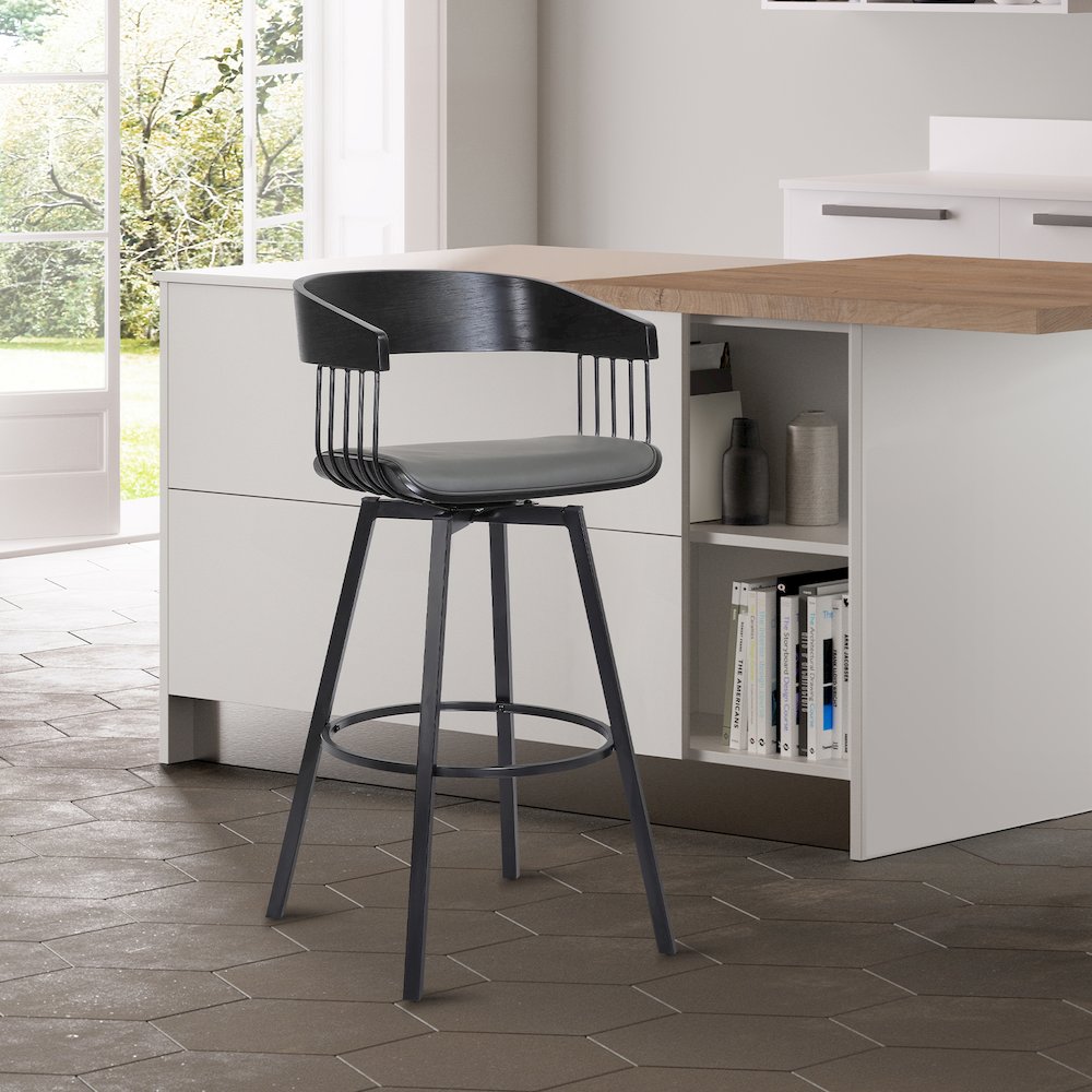 Athena Upholstered Wood Swivel Bar or Counter Stool with Black Metal. Picture 9