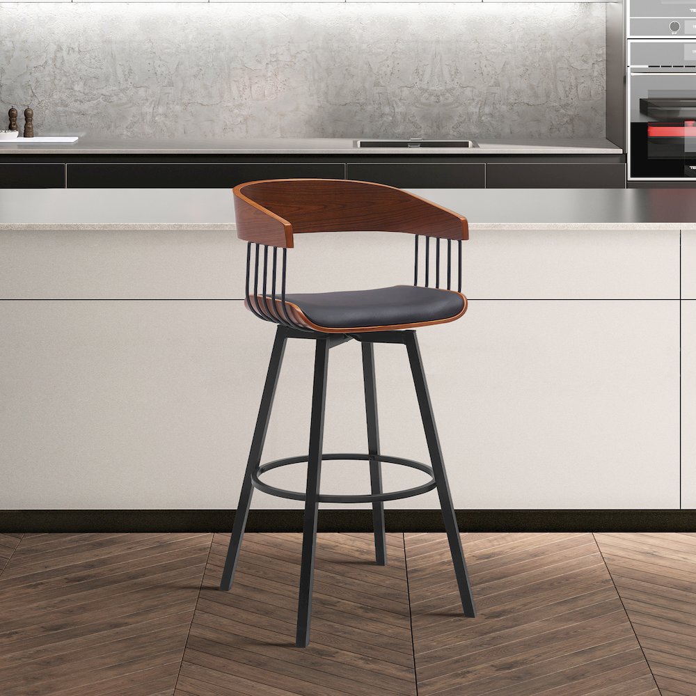 Athena Upholstered Wood Swivel Bar or Counter Stool with Black Metal. Picture 8