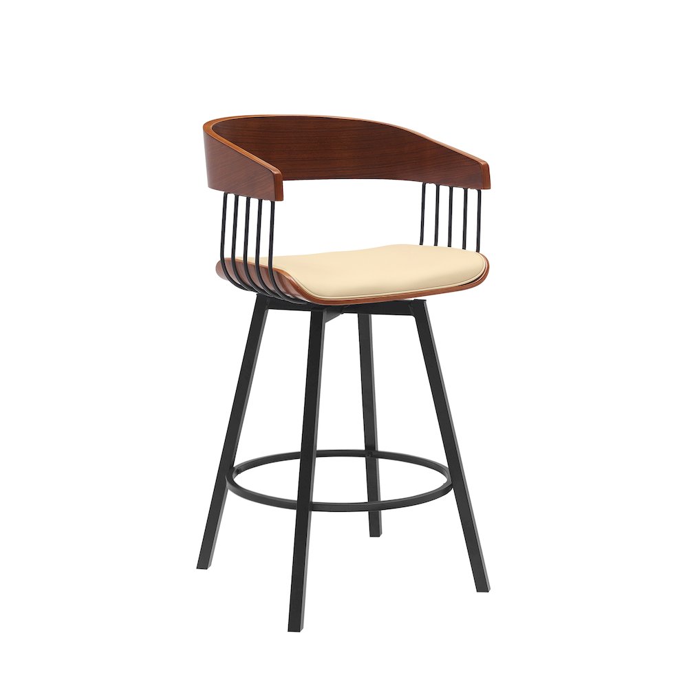Athena Upholstered Wood Swivel Bar or Counter Stool with Black Metal. Picture 1