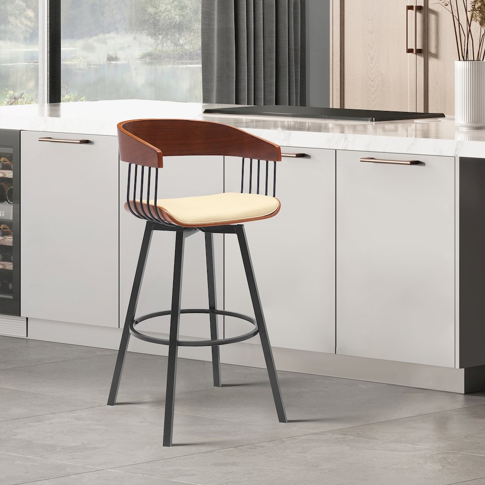 Athena Upholstered Wood Swivel Bar or Counter Stool with Black Metal. Picture 8