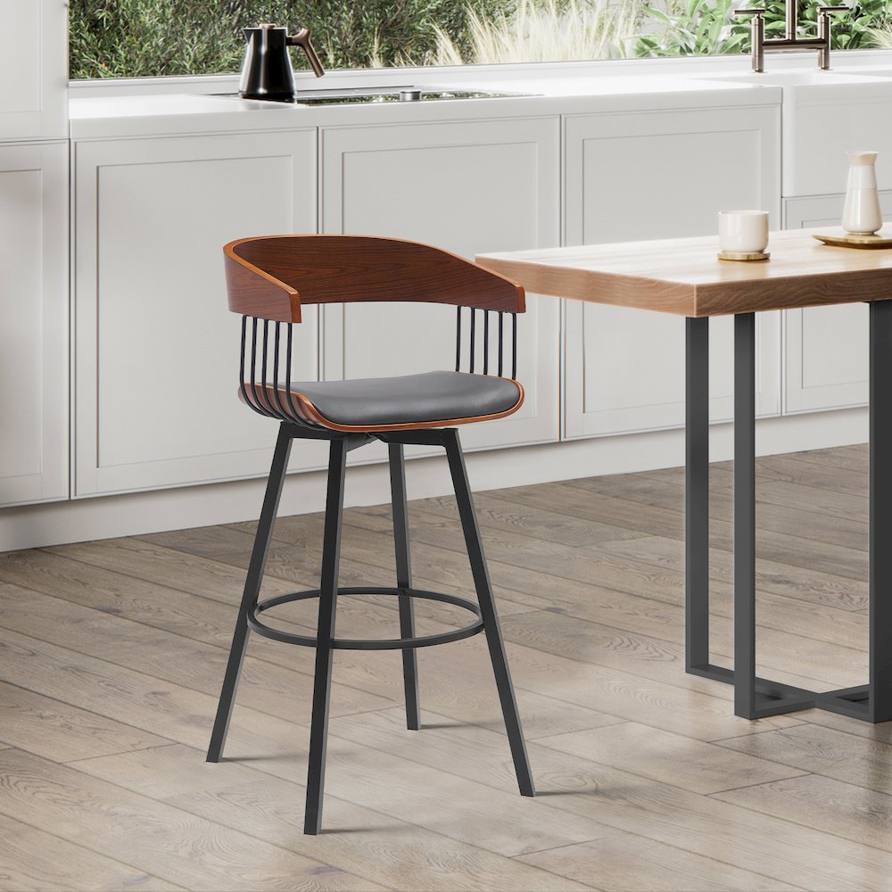 Athena Upholstered Wood Swivel Bar or Counter Stool with Black Metal. Picture 8