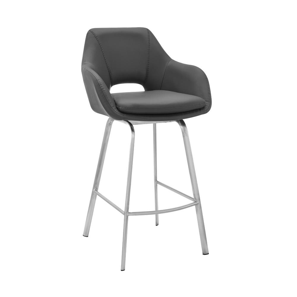 Aura Gray Faux Leather and Brushed Stainless Steel Swivel 30" Bar Stool. Picture 1