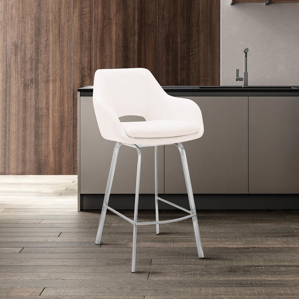 Aura White Faux Leather and Brushed Stainless Steel Swivel 30" Bar Stool. Picture 6