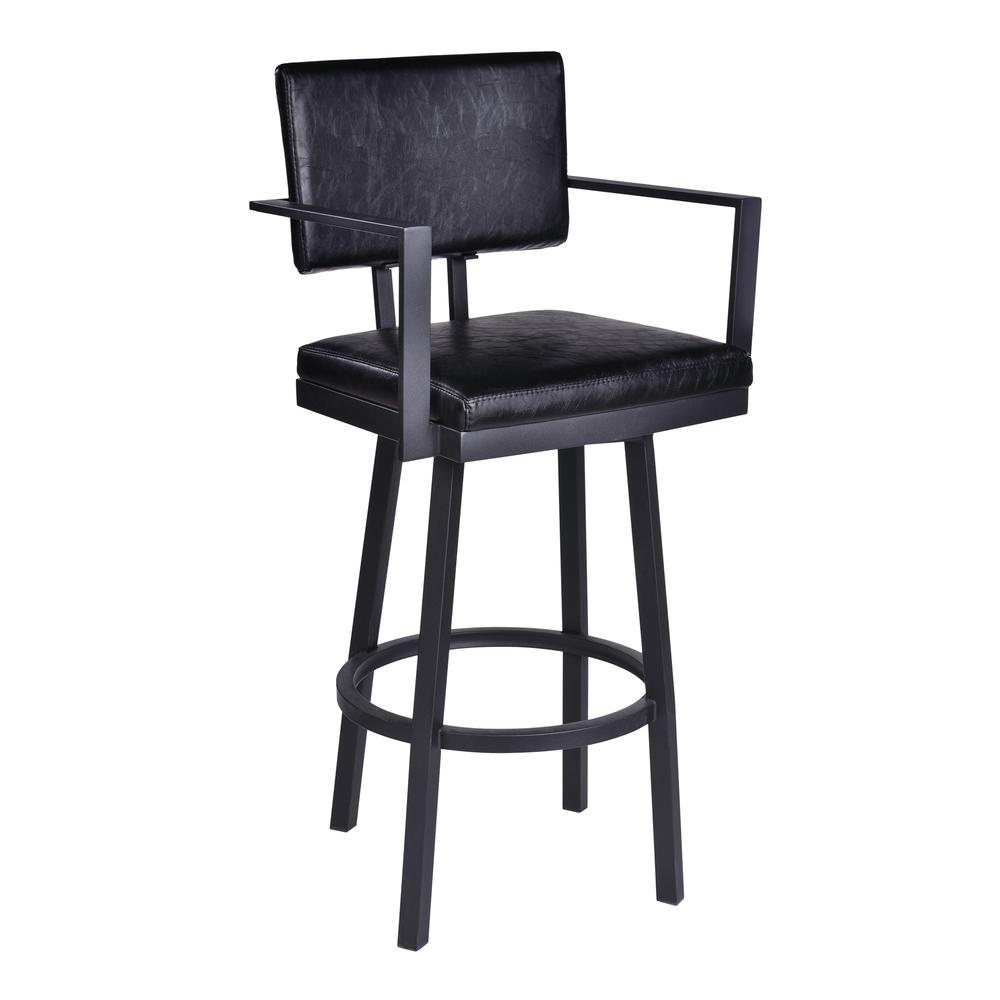 Armen Living Balboa 26” Counter Height Barstool with Arms in Black Powder Coated Finish and Vintage Black Faux Leather. Picture 1