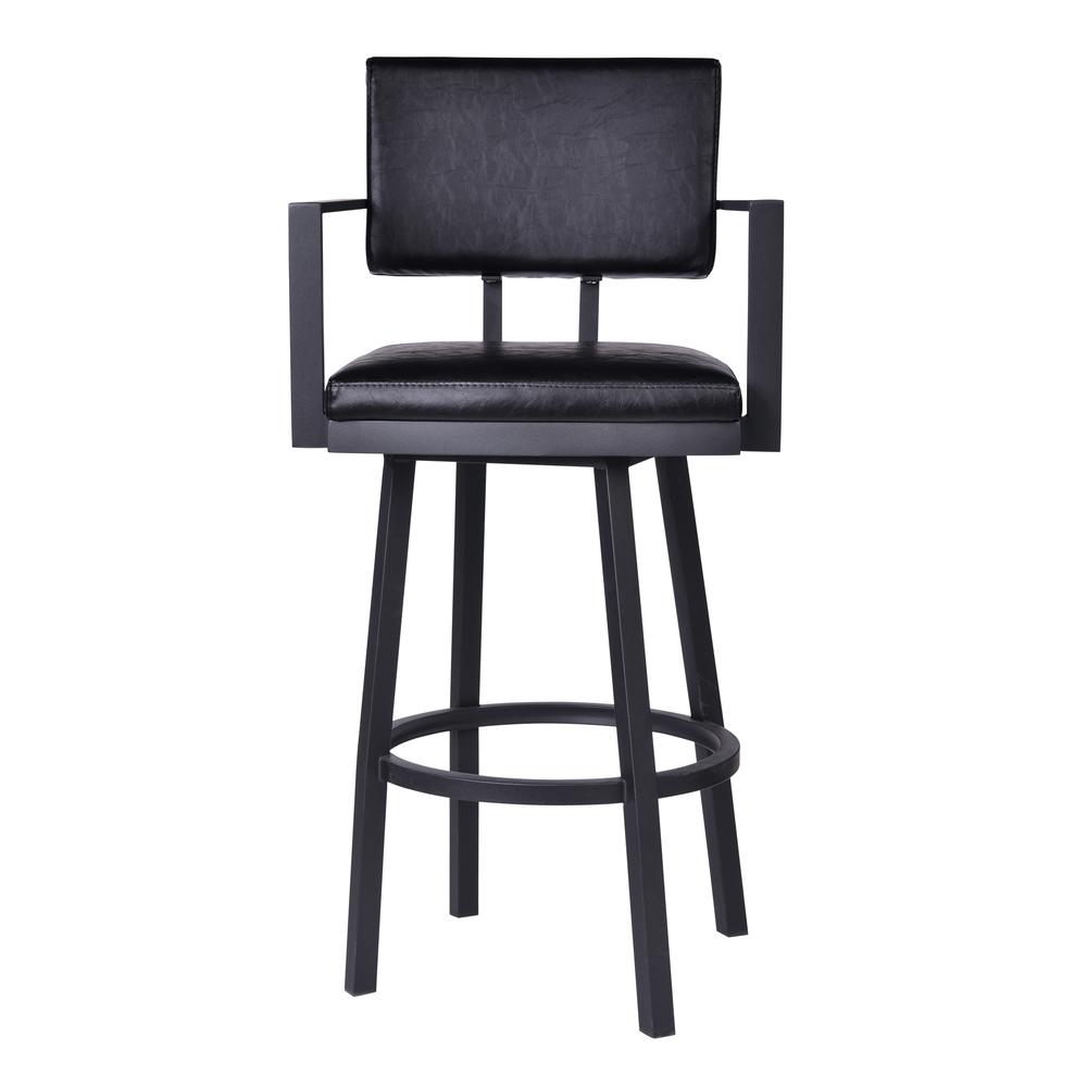Armen Living Balboa 26” Counter Height Barstool with Arms in Black Powder Coated Finish and Vintage Black Faux Leather. Picture 2