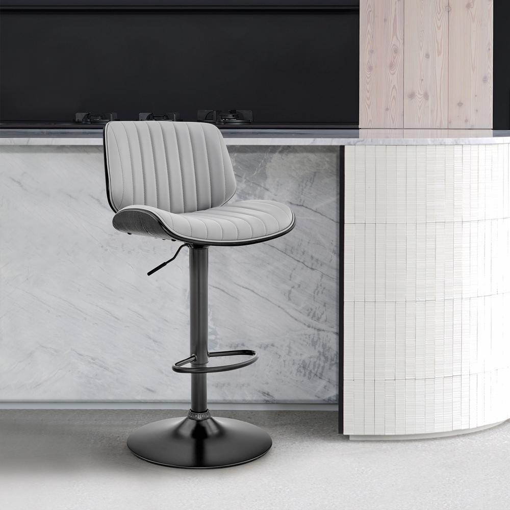 Brock Adjustable Gray Faux Leather and Walnut Wood Bar Stool with Black Base. Picture 6