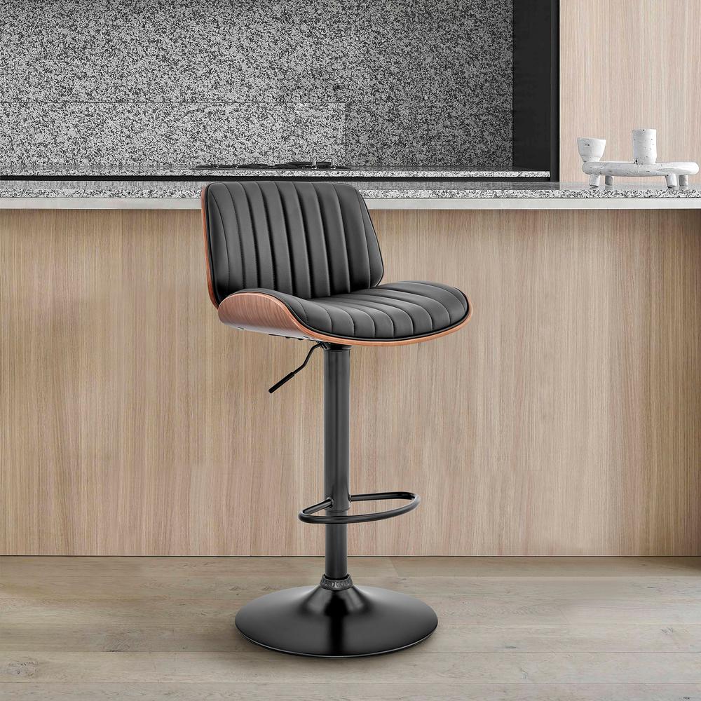 Brock Adjustable Black Faux Leather and Walnut Wood Bar Stool with Black Base. Picture 6